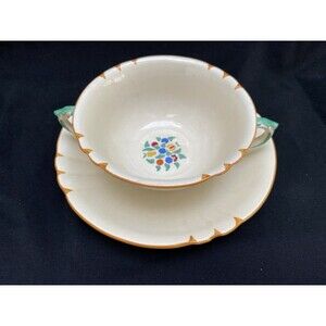 MASONS YORKSHIRE HANDLED CREAM SOUP BYOWL SAUCER 12 OZ FRUIT CENTER MUSTARD TRIM